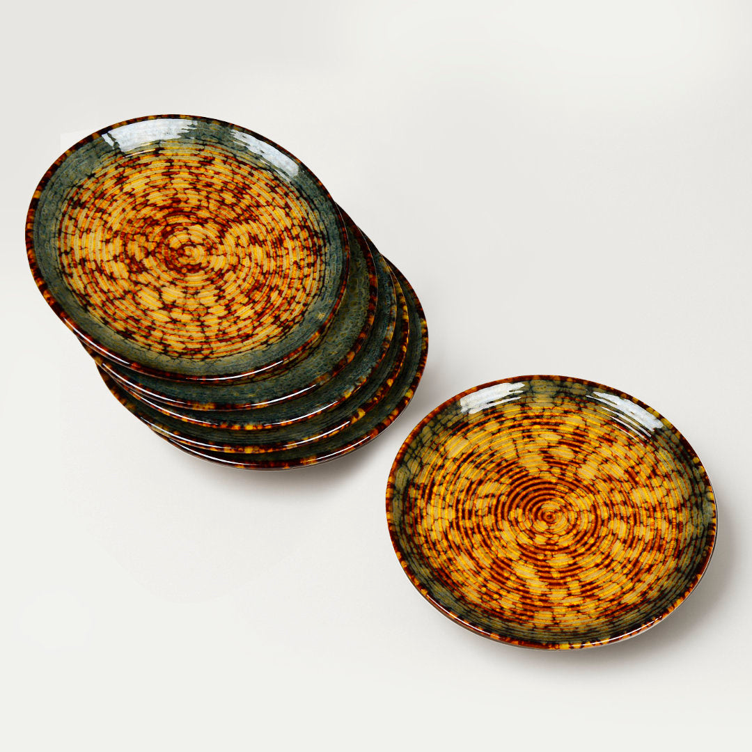 "Autumn Glow Collection" Ribbed Ceramic Quarter Plates with Luxury Amber Green Glaze (7 inches, Set of 6) - View 3