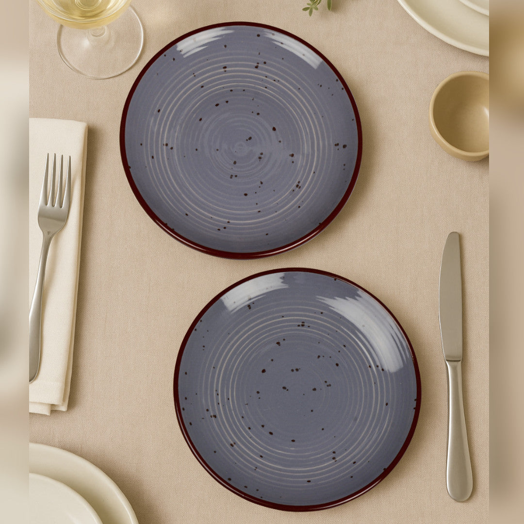 "Midnight Dusk Collection" Ribbed Ceramic Quarter Plates with Elegant Grey Speckle Glaze (7 inches, Set of 2)