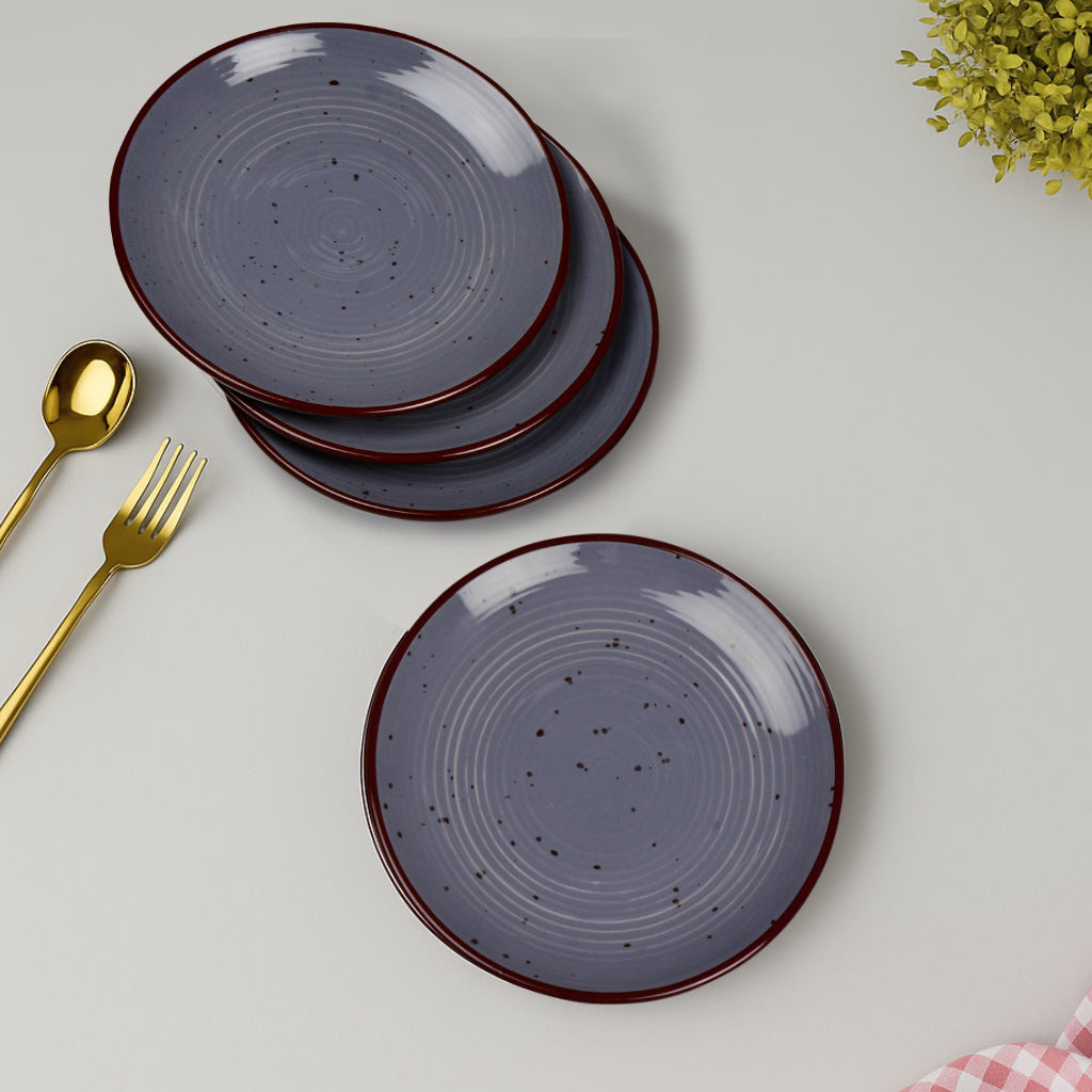 "Midnight Dusk Collection" Ribbed Ceramic Quarter Plates with Elegant Grey Speckle Glaze (7 inches, Set of 4)