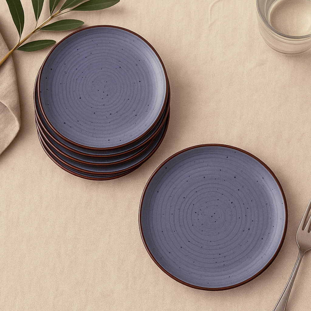 "Midnight Dusk Collection" Ribbed Ceramic Quarter Plates with Elegant Grey Speckle Glaze (7 inches, Set of 6)
