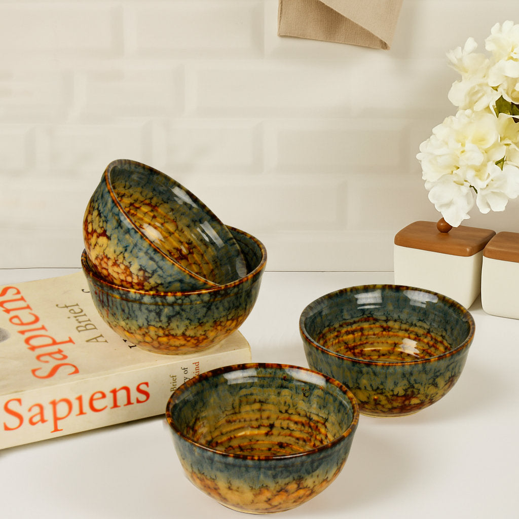 "Autumn Glow Collection" Ceramic Dinner Serving Bowls (Set of 4 , 250 ml each, Amber Green, Brown)