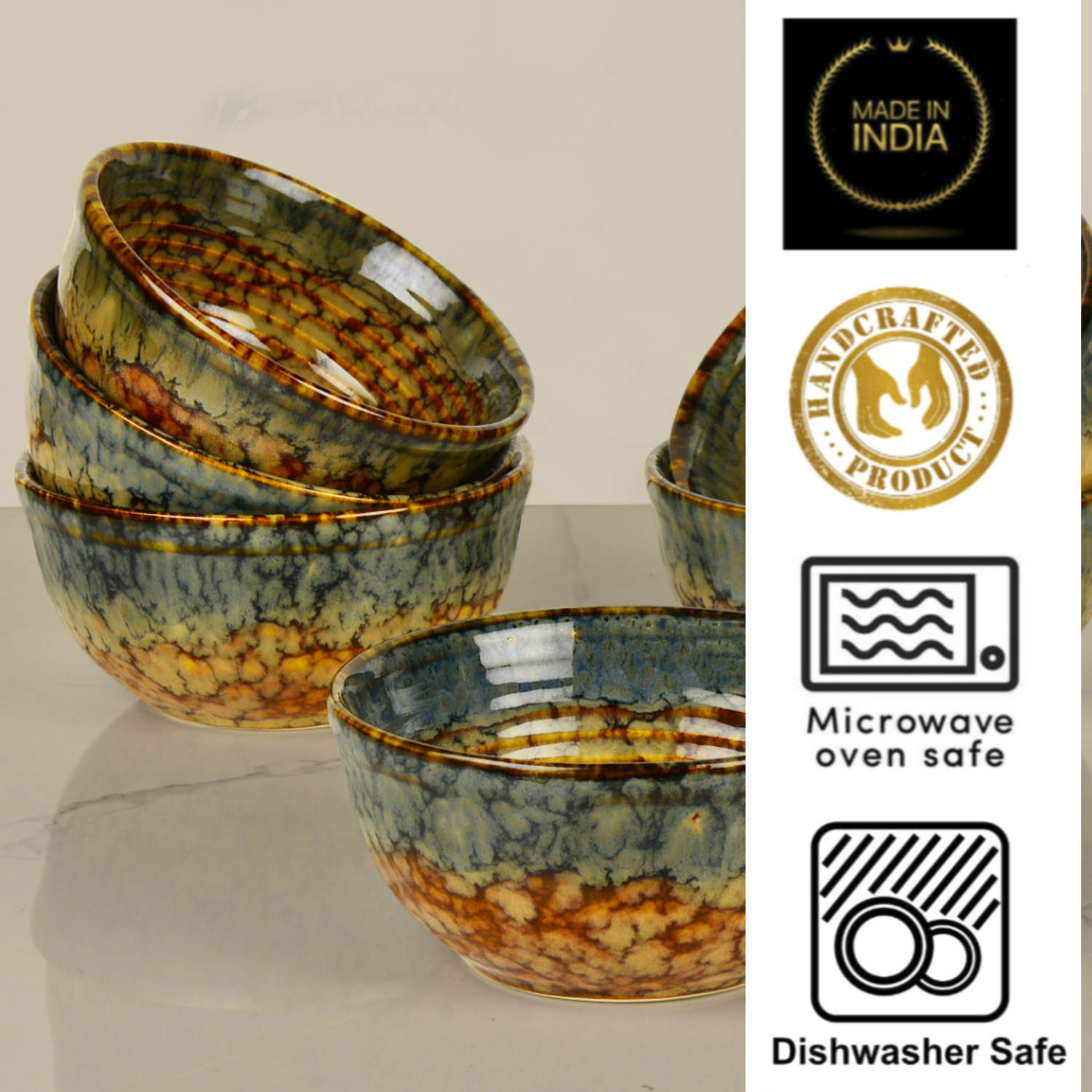 "Autumn Glow Collection" Ceramic Dinner Serving Bowls (Set of 4 , 250 ml each, Amber Green, Brown) - View 3