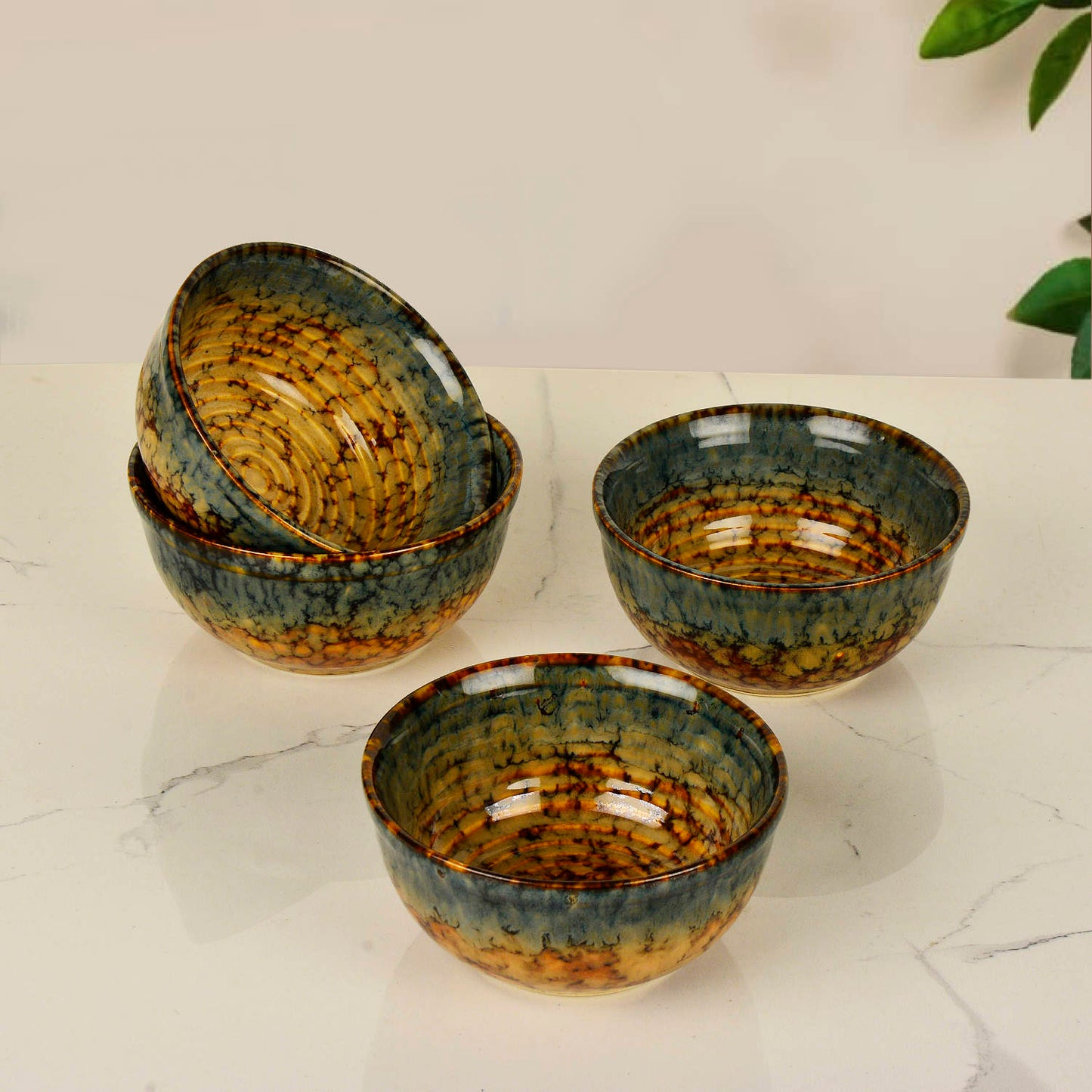 "Autumn Glow Collection" Ceramic Dinner Serving Bowls (Set of 4 , 250 ml each, Amber Green, Brown) - View 4