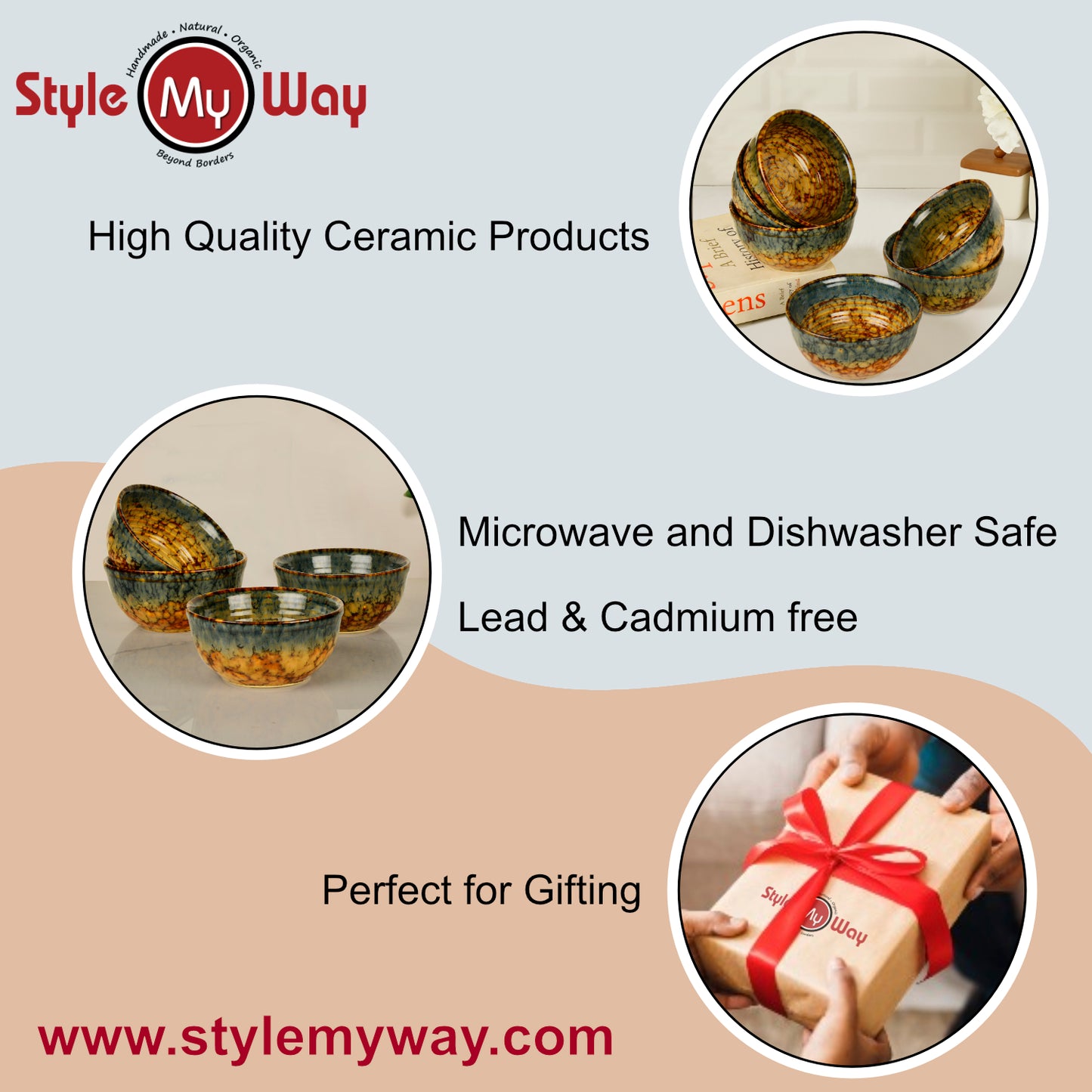 "Autumn Glow Collection" Ceramic Dinner Serving Bowls (Set of 4 , 250 ml each, Amber Green, Brown) - View 5