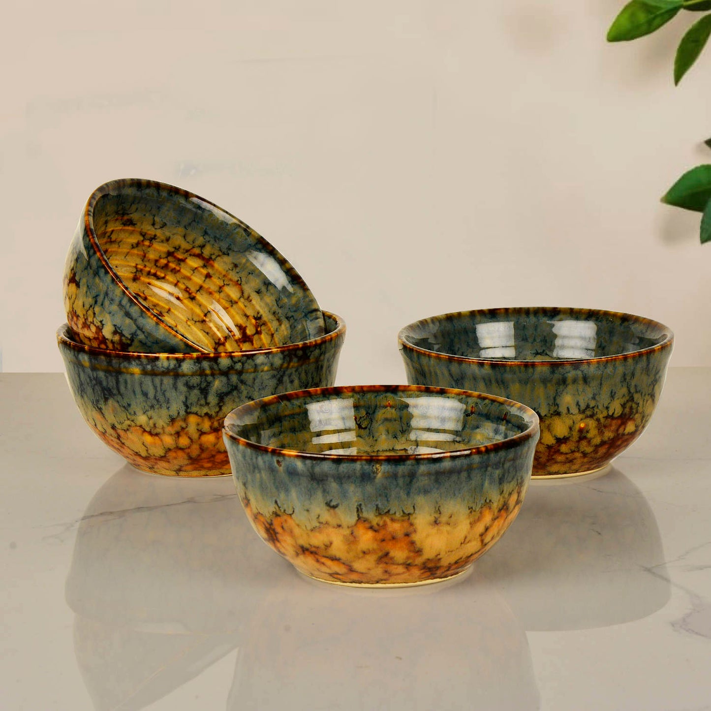 "Autumn Glow Collection" Ceramic Dinner Serving Bowls (Set of 4 , 250 ml each, Amber Green, Brown) - View 6