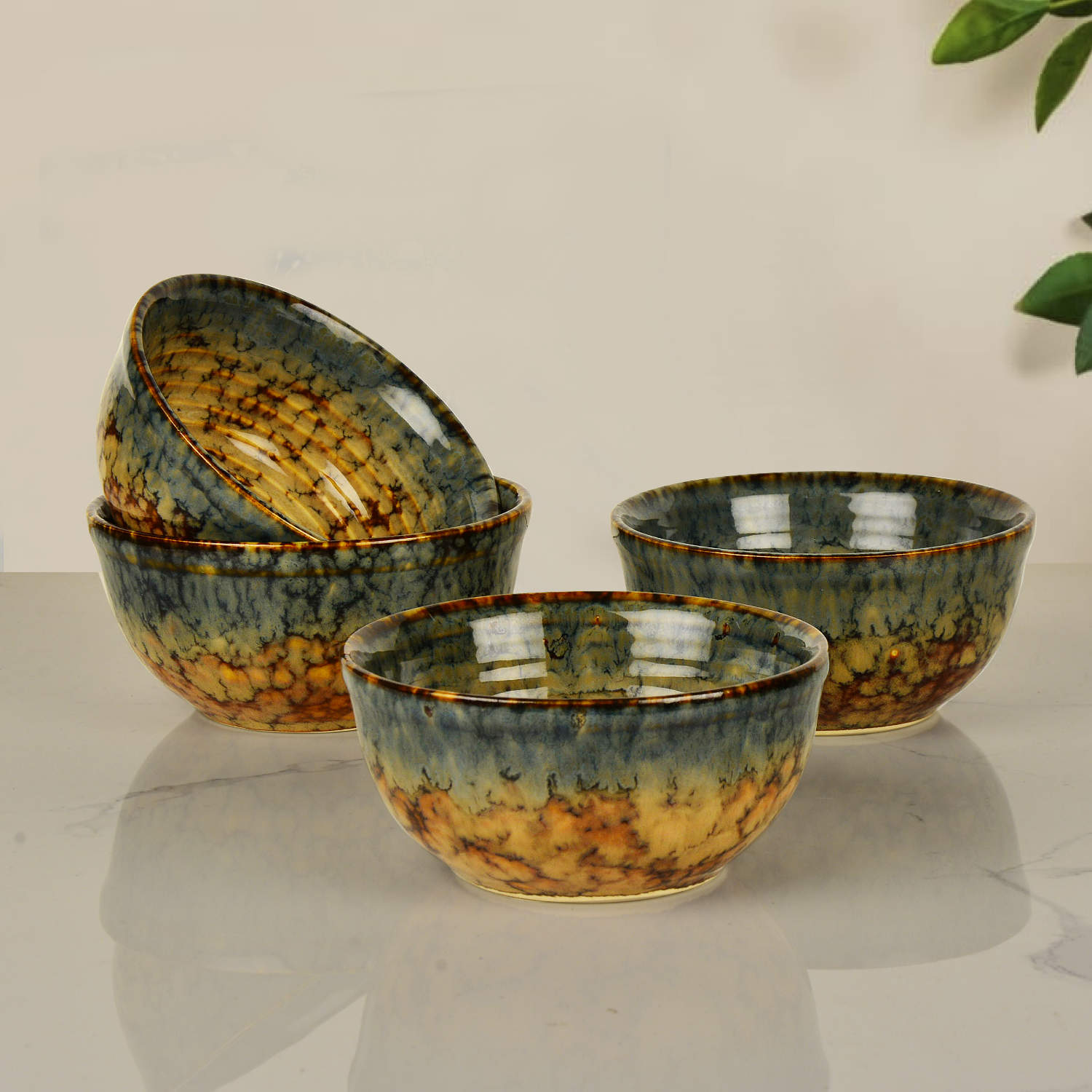 "Autumn Glow Collection" Ceramic Dinner Serving Bowls (Set of 4 , 250 ml each, Amber Green, Brown) - View 6