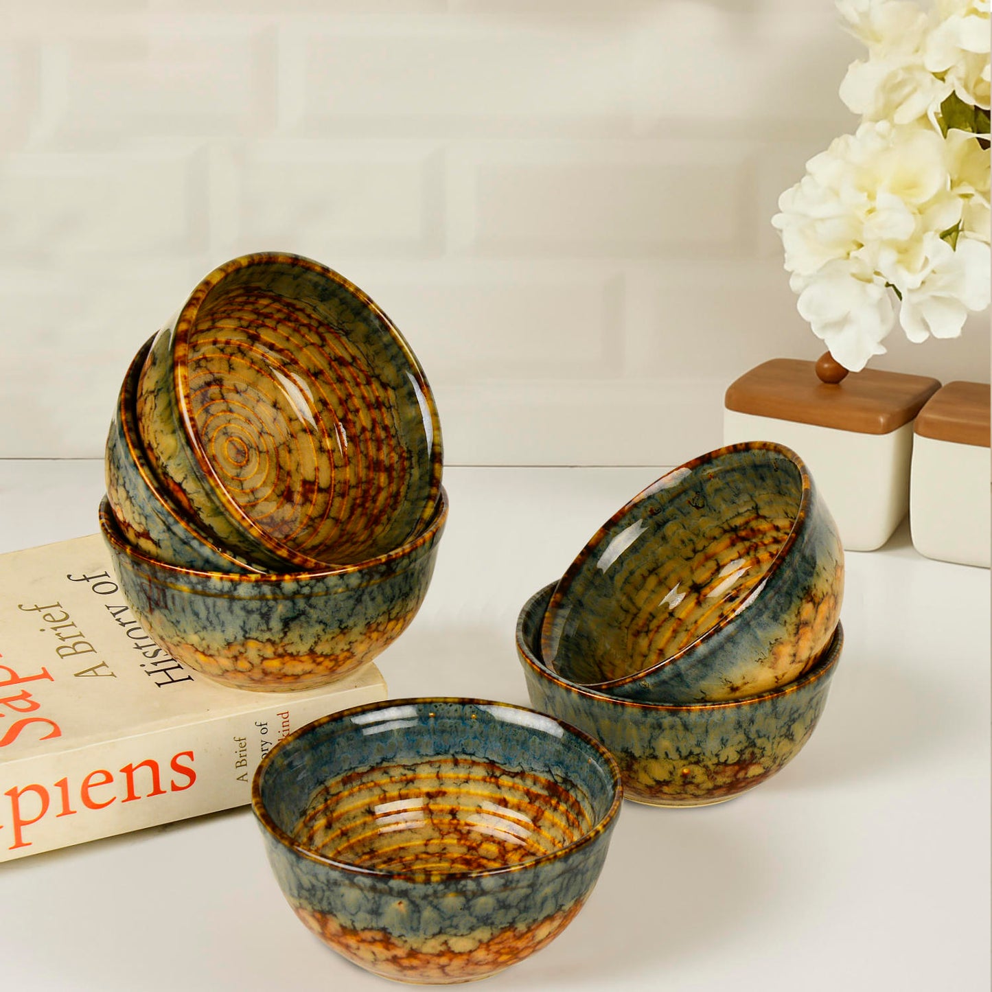 "Autumn Glow Collection" Ceramic Dinner Serving Bowls (Set of 6 , 250 ml each, Amber Green, Brown)