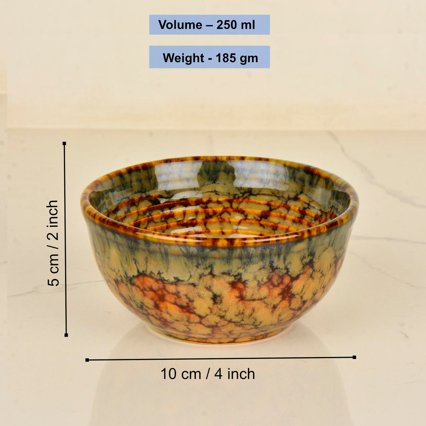 "Autumn Glow Collection" Ceramic Dinner Serving Bowls (Set of 6 , 250 ml each, Amber Green, Brown) - View 2