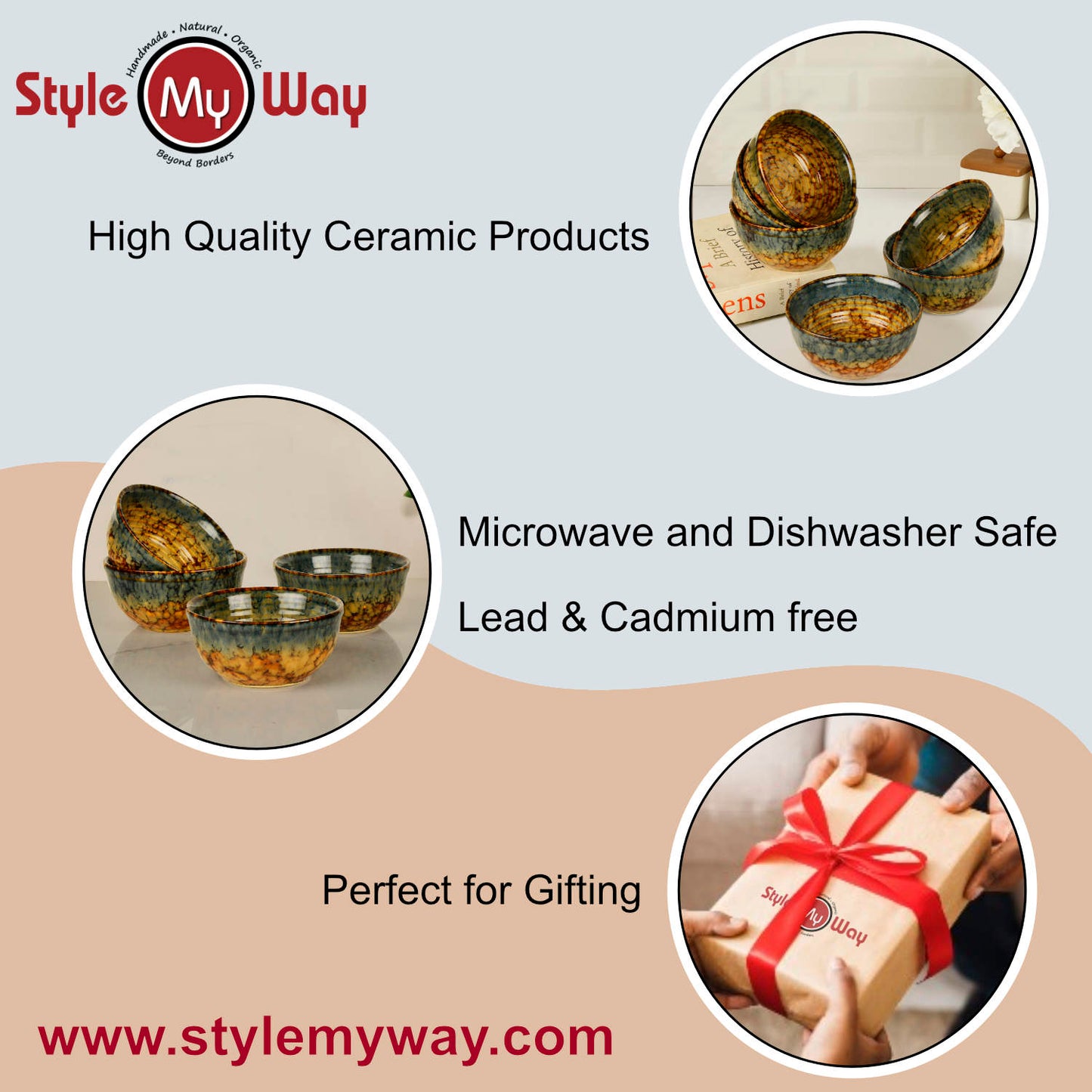 "Autumn Glow Collection" Ceramic Dinner Serving Bowls (Set of 6 , 250 ml each, Amber Green, Brown) - View 4