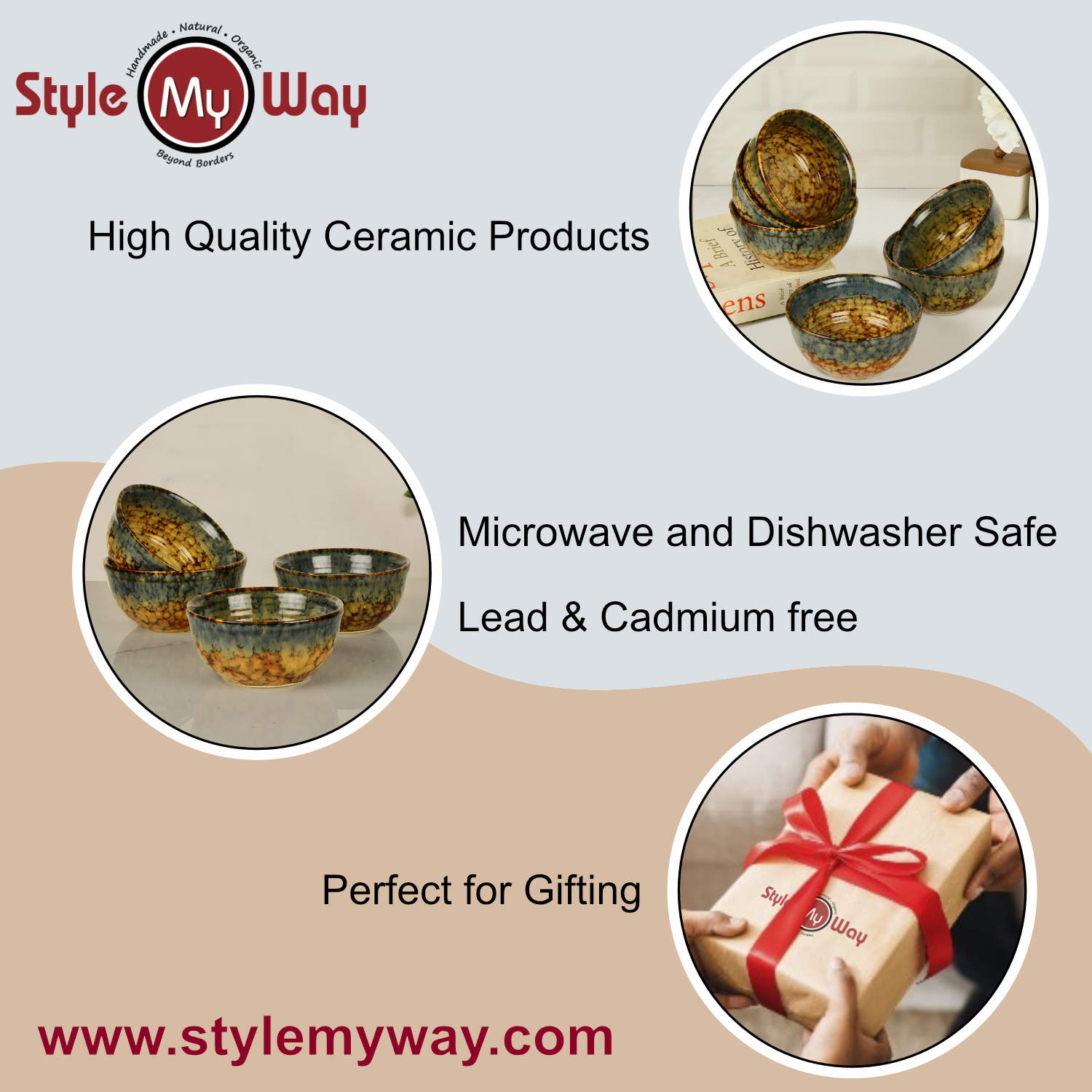 "Autumn Glow Collection" Ceramic Dinner Serving Bowls (Set of 6 , 250 ml each, Amber Green, Brown) - View 4