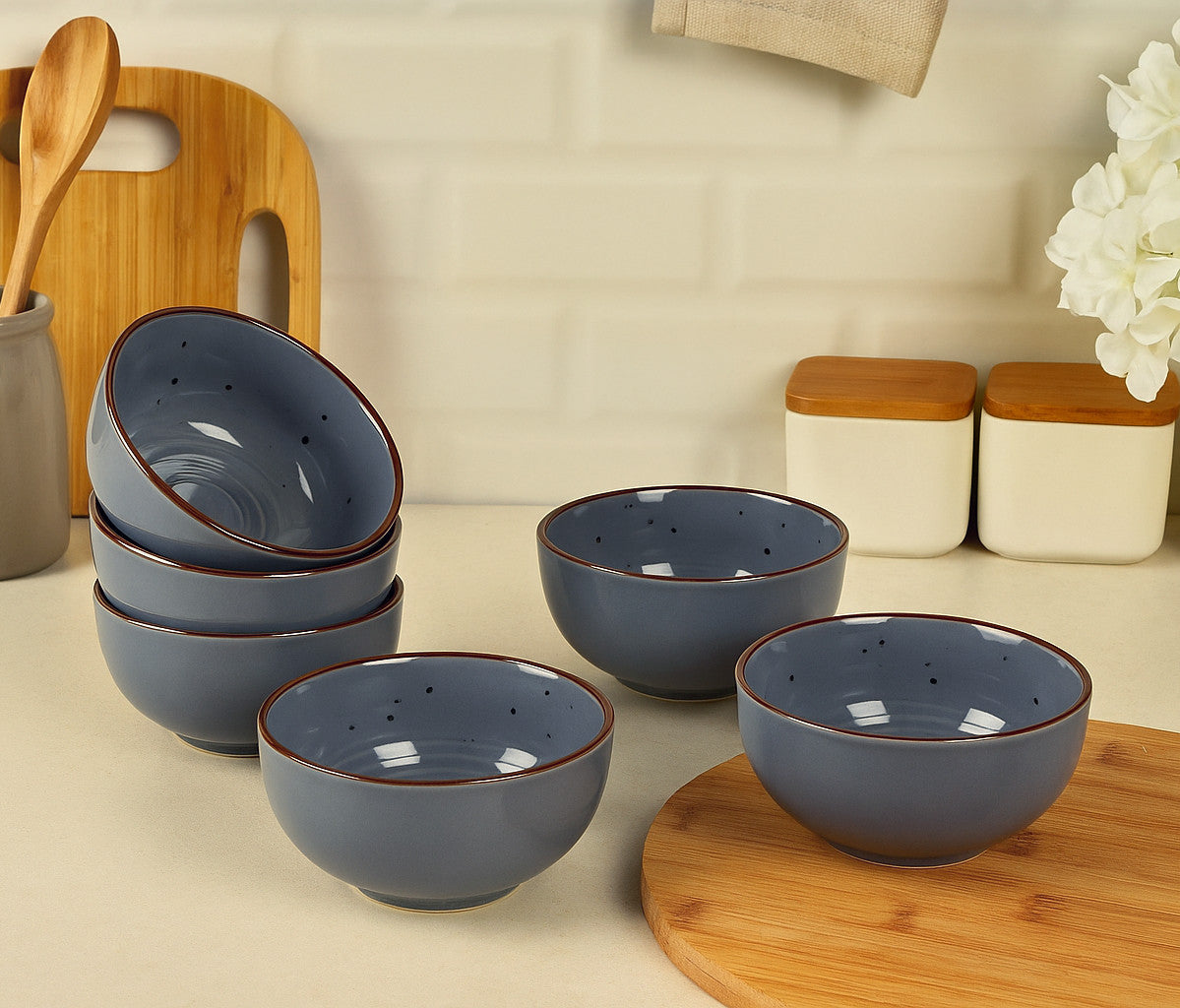 "Midnight Dusk Collection" Ceramic Dinner Serving Bowls (Set of 6 , 250 ml each, Grey Speckle) - View 3