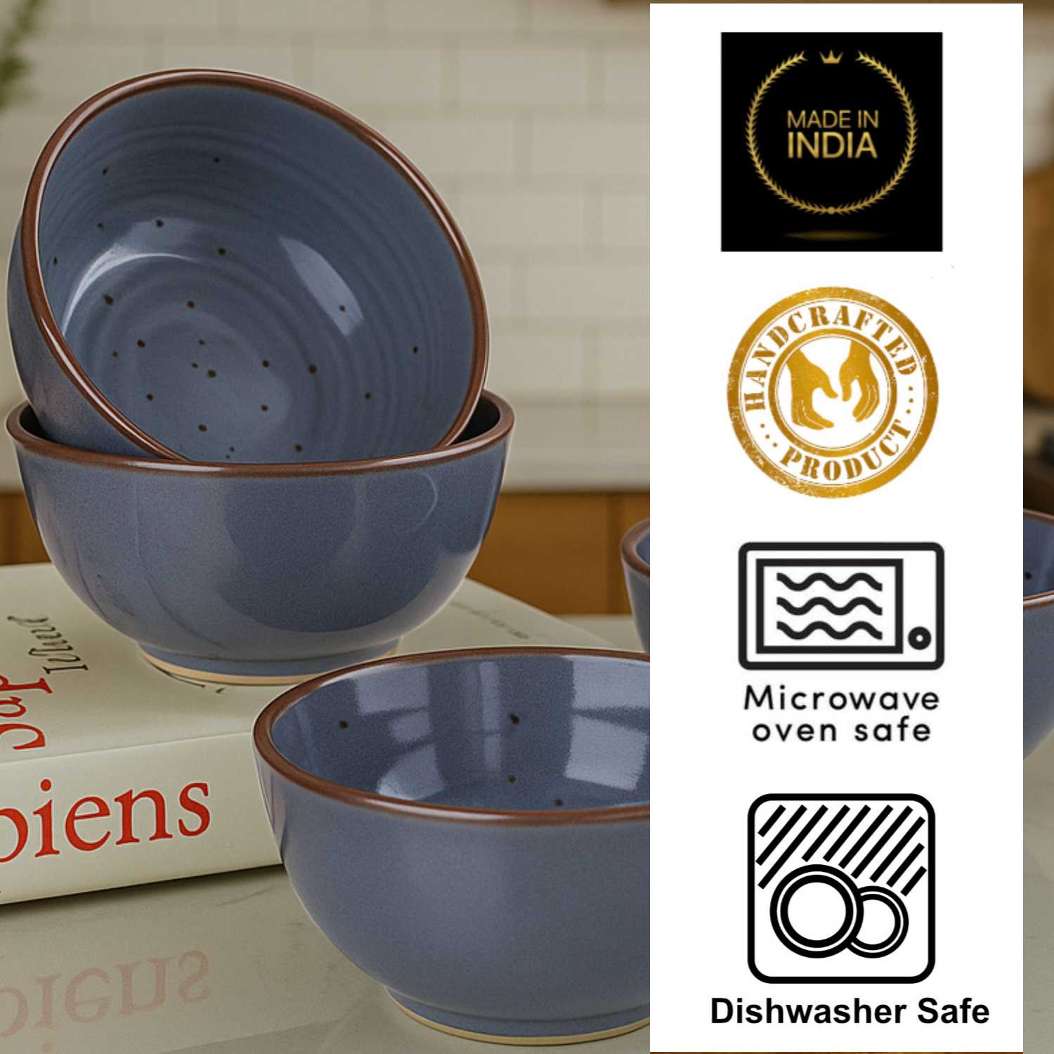 "Midnight Dusk Collection" Ceramic Dinner Serving Bowls (Set of 6 , 250 ml each, Grey Speckle) - View 4
