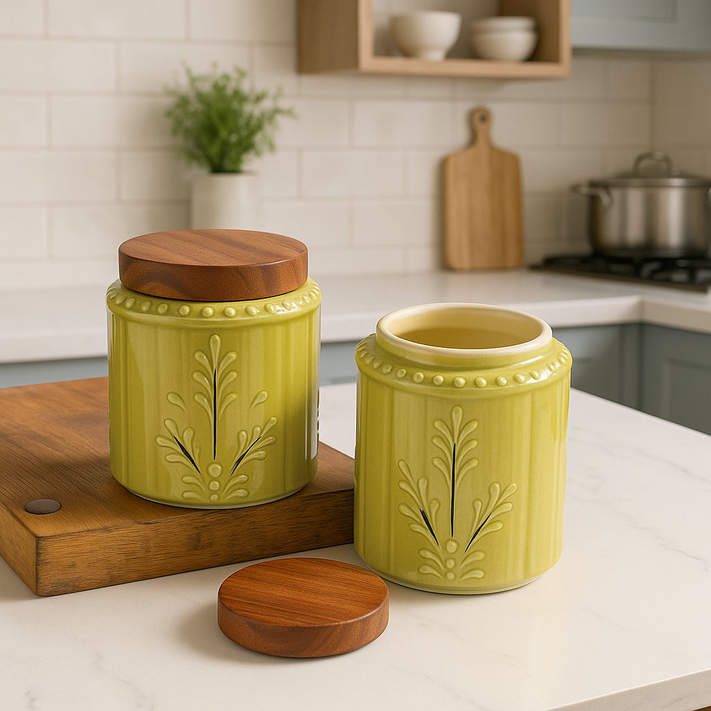 Hand Glazed Multi Utility Embossed Ceramic Jar with Airtight Sheesham Wood Lid ( Set of 2, 500 ml, Olive Green)