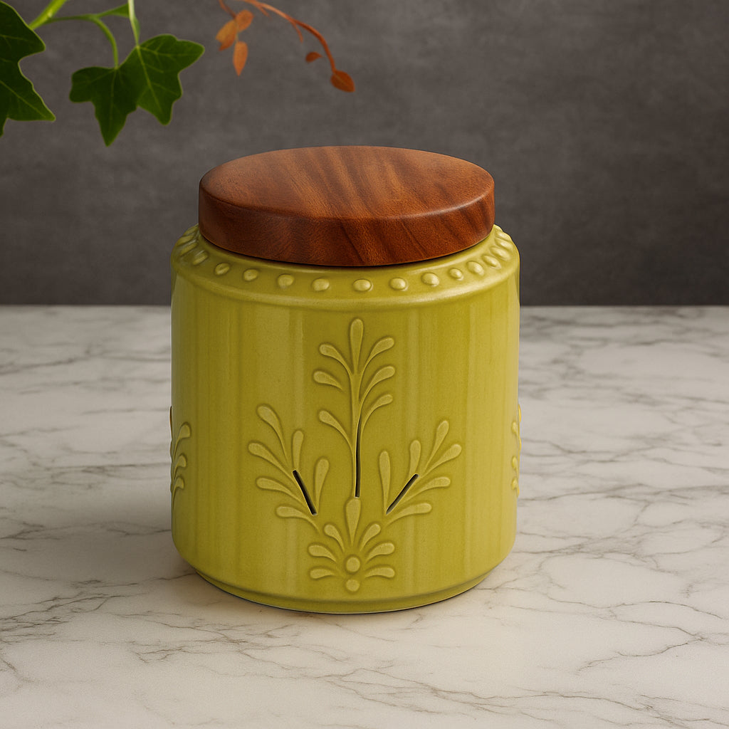 Hand Glazed Multi Utility Embossed Ceramic Jar with Airtight Sheesham Wood Lid ( Set of 2, 500 ml, Olive Green) - View 3