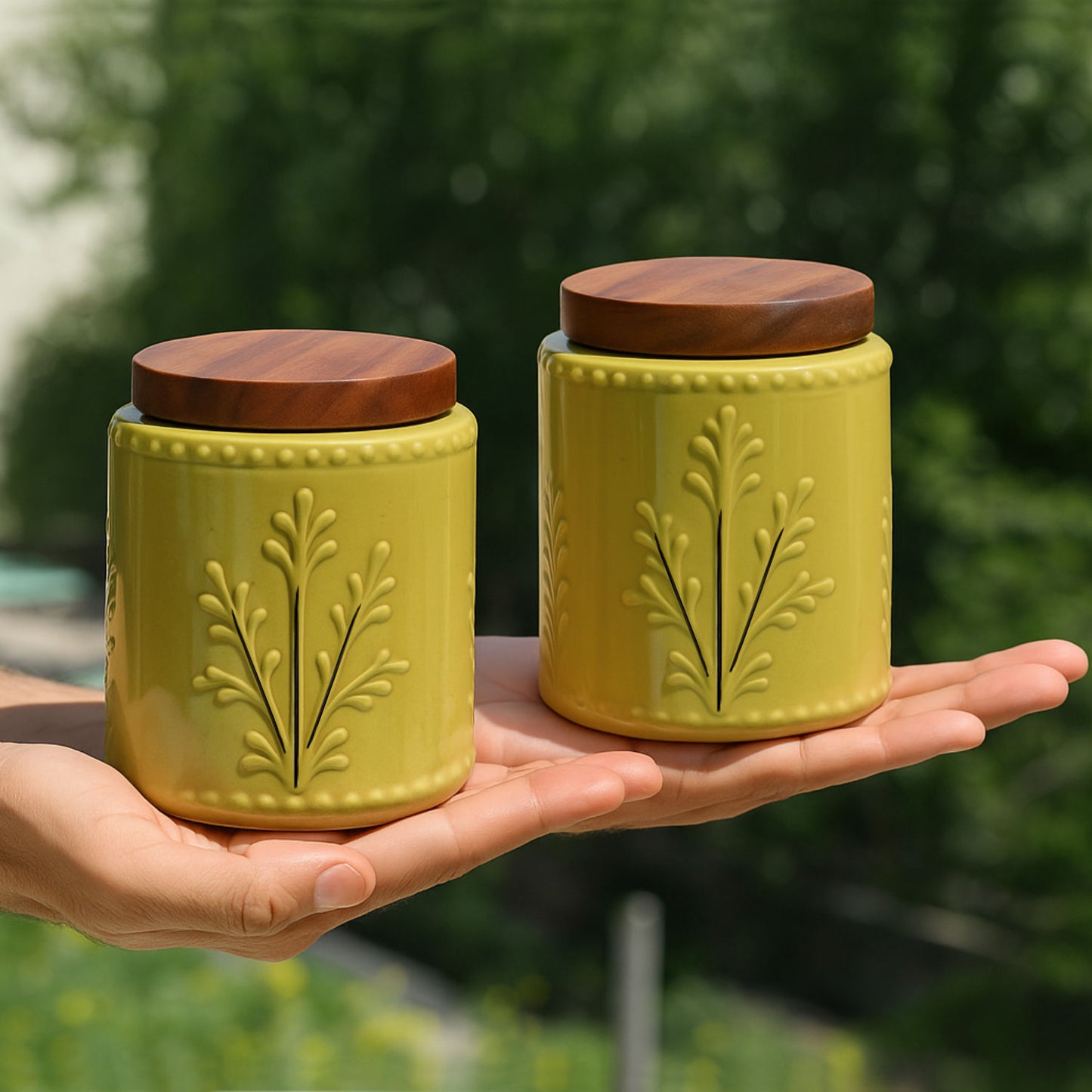 Hand Glazed Multi Utility Embossed Ceramic Jar with Airtight Sheesham Wood Lid ( Set of 2, 500 ml, Olive Green) - View 4