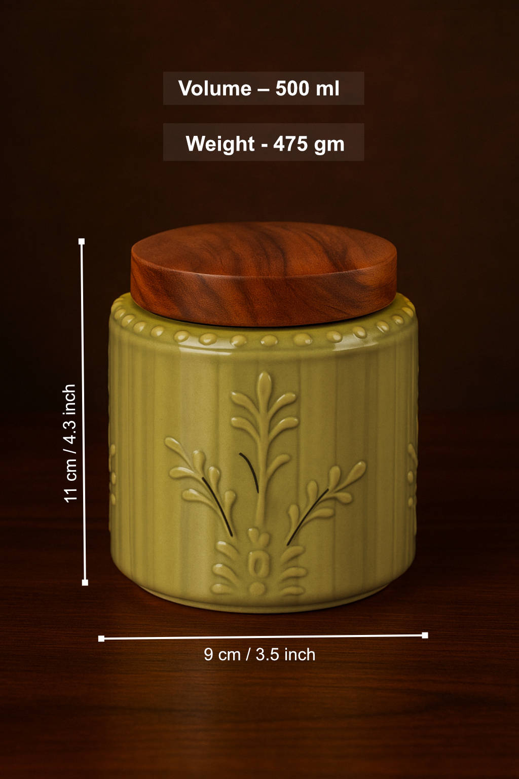 Hand Glazed Multi Utility Embossed Ceramic Jar with Airtight Sheesham Wood Lid ( Set of 2, 500 ml, Olive Green) - View 5