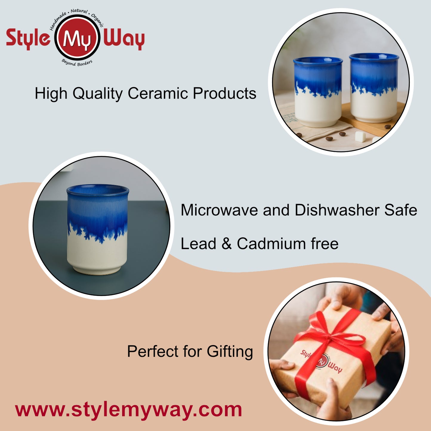 Studio Pottery Blue Ombre Ceramic Glasses (Set of 2, 250 ml each) - View 5