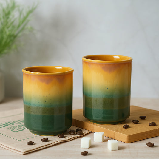 Studio Pottery Ombre Ceramic Glasses (Set of 2, Sea Green & Creamy Beige, 250 ml each)