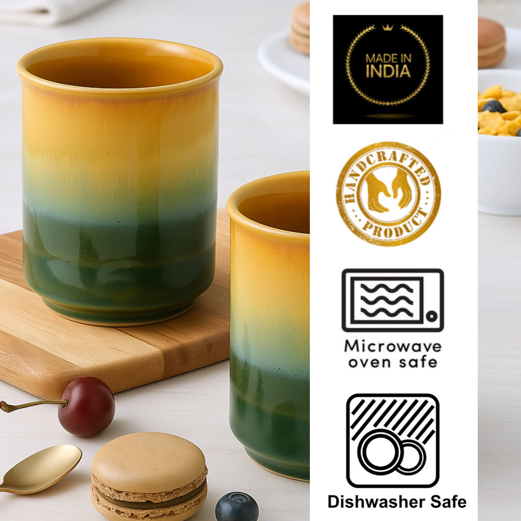 Studio Pottery Ombre Ceramic Glasses (Set of 2, Sea Green & Creamy Beige, 250 ml each) - View 4