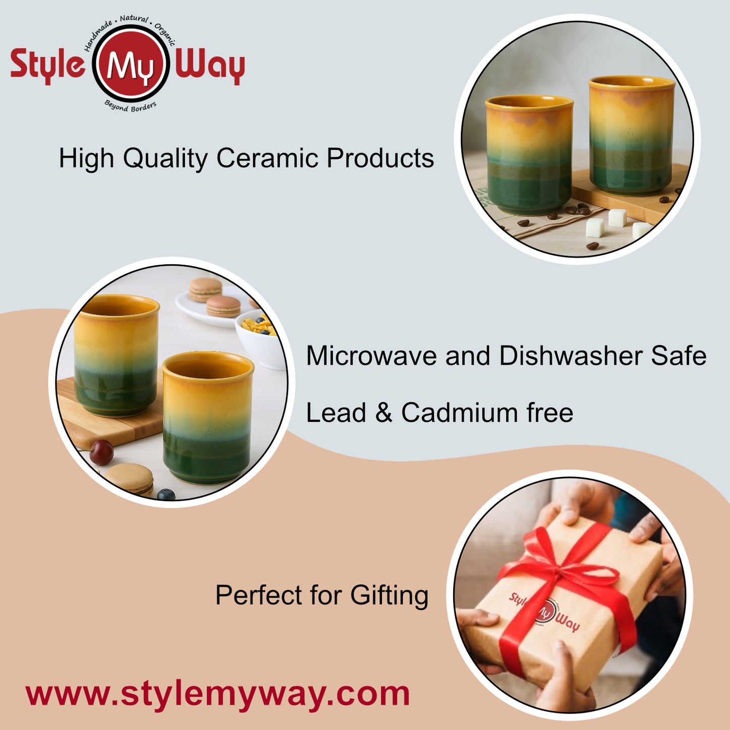 Studio Pottery Ombre Ceramic Glasses (Set of 2, Sea Green & Creamy Beige, 250 ml each) - View 5