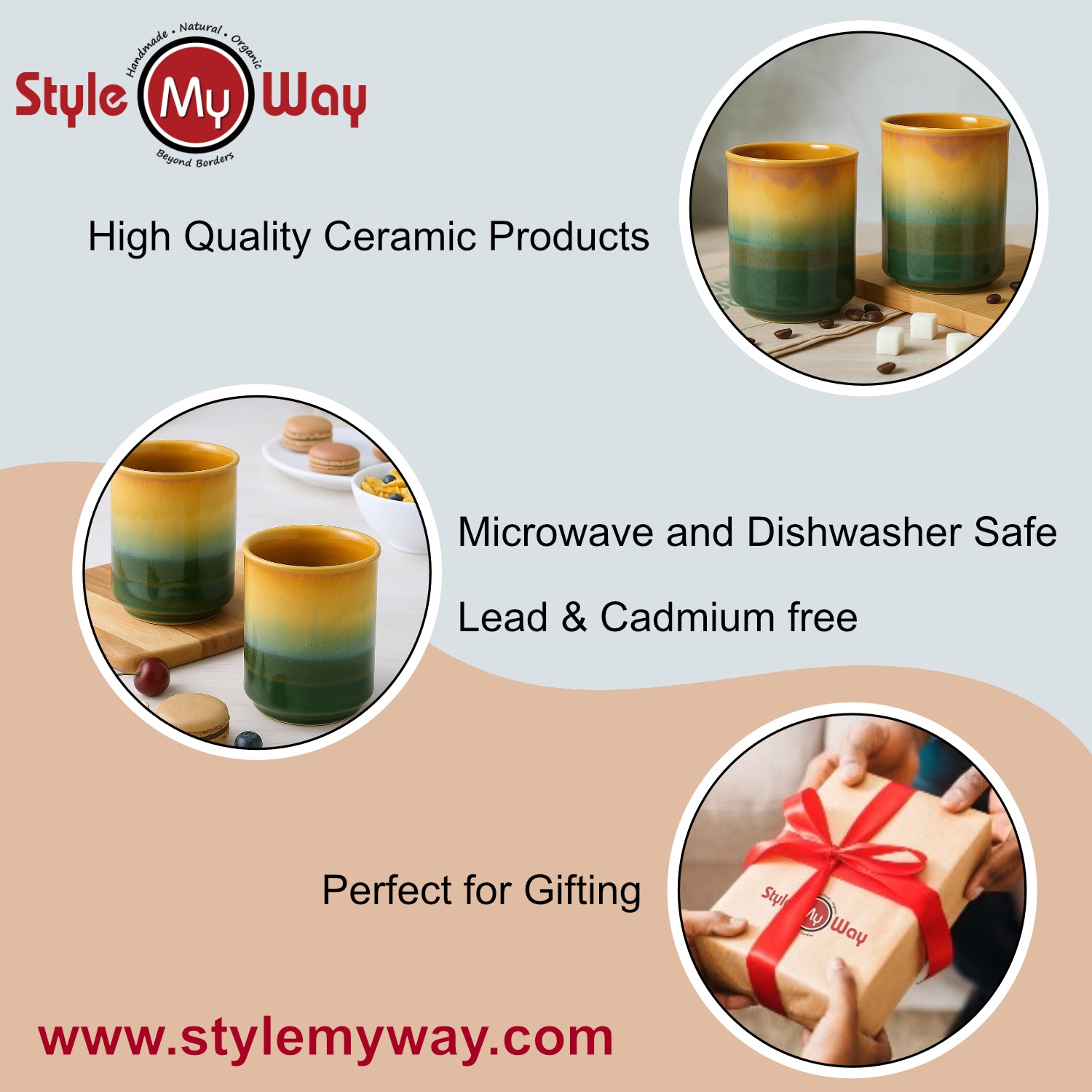 Studio Pottery Ombre Ceramic Glasses (Set of 2, Sea Green & Creamy Beige, 250 ml each) - View 5