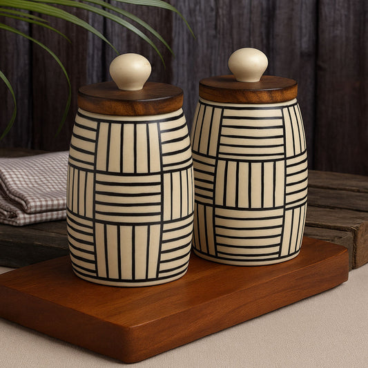Multi Utility Storage Airtight Ceramic Jars with Wooden Lid (Set of 2, 400 ml, Off White & Black)
