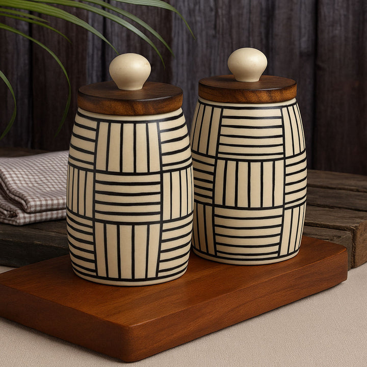 Multi Utility Storage Airtight Ceramic Jars with Wooden Lid (Set of 2, 400 ml, Off White & Black)