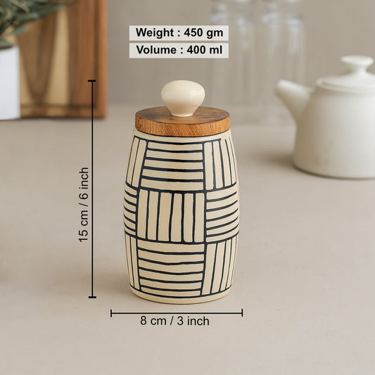 Multi Utility Storage Airtight Ceramic Jars with Wooden Lid (Set of 2, 400 ml, Off White & Black) - View 2