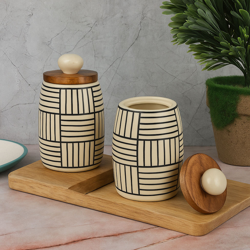 Multi Utility Storage Airtight Ceramic Jars with Wooden Lid (Set of 2, 400 ml, Off White & Black) - View 3