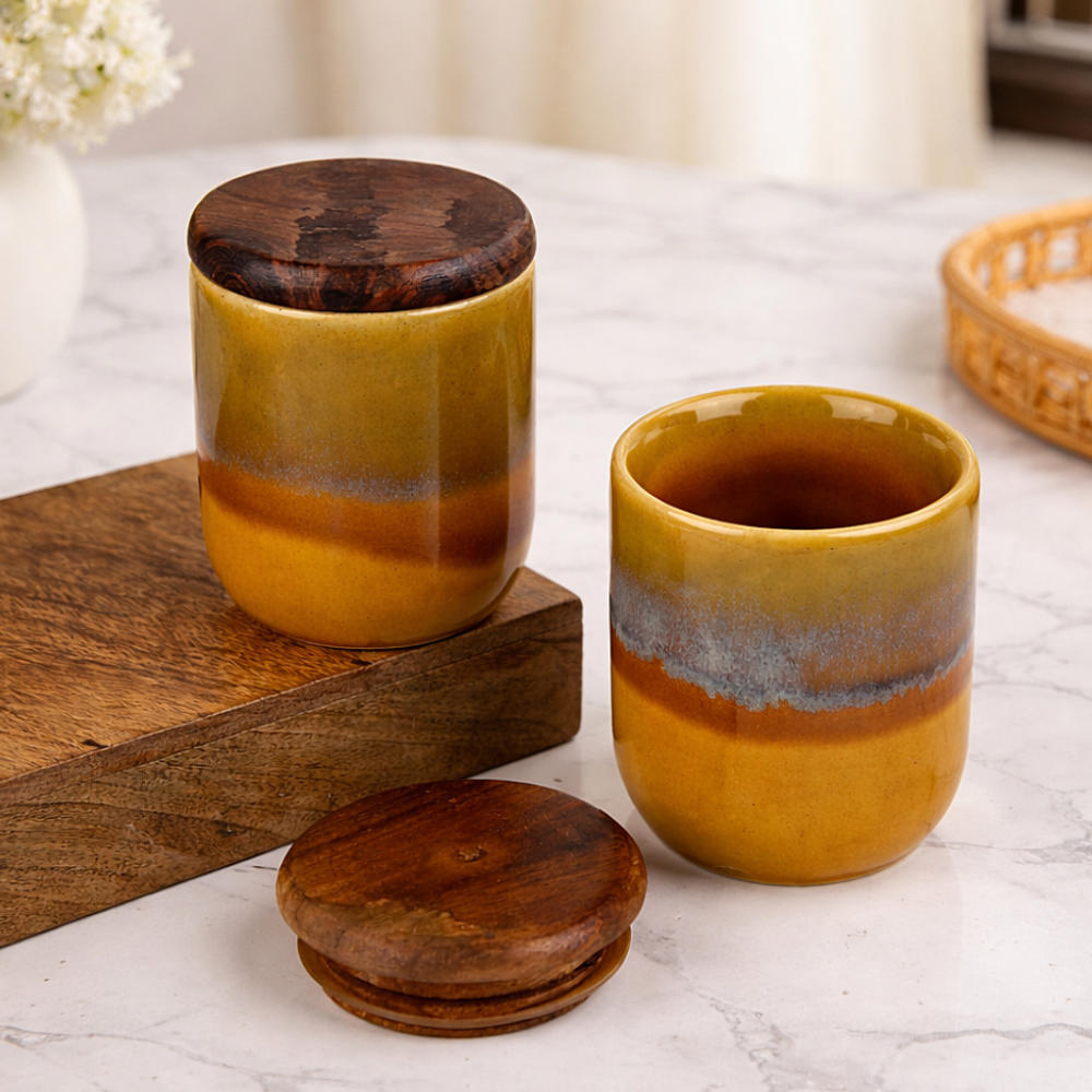"Amber Earth" Multi Utility Storage Ceramic Airtight Jar with Sheesham Wooden Lid (Set of 2, 150 ml, Mustard Rust & Blue Reactive Glaze )