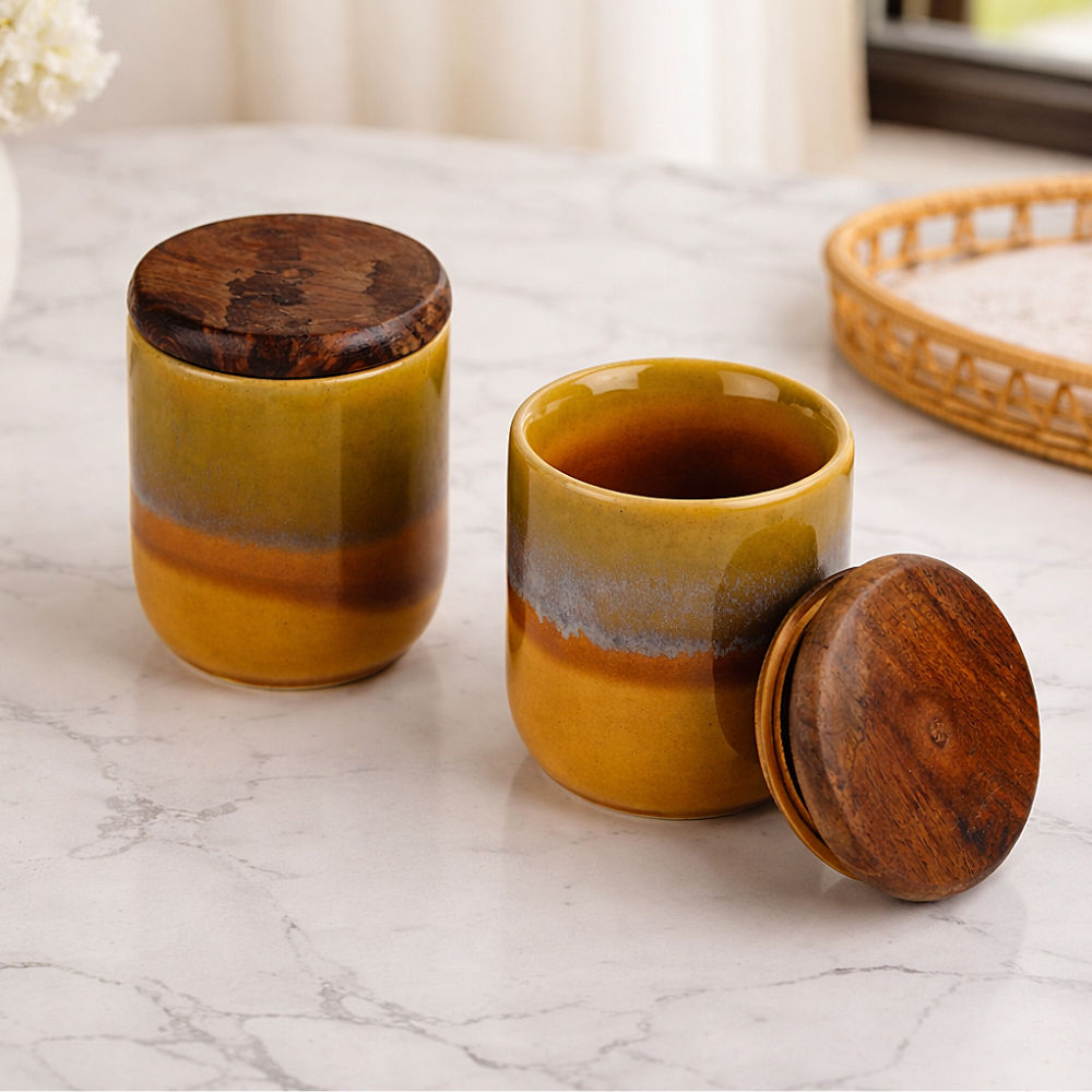 "Amber Earth" Multi Utility Storage Ceramic Airtight Jar with Sheesham Wooden Lid (Set of 2, 150 ml, Mustard Rust & Blue Reactive Glaze ) - View 3