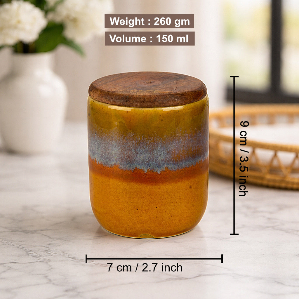"Amber Earth" Multi Utility Storage Ceramic Airtight Jar with Sheesham Wooden Lid (Set of 2, 150 ml, Mustard Rust & Blue Reactive Glaze ) - View 2
