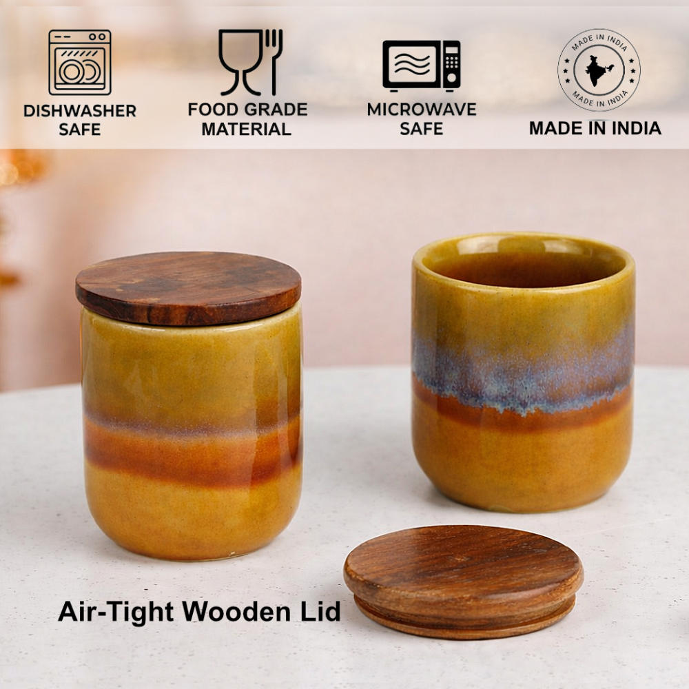 "Amber Earth" Multi Utility Storage Ceramic Airtight Jar with Sheesham Wooden Lid (Set of 2, 150 ml, Mustard Rust & Blue Reactive Glaze ) - View 4