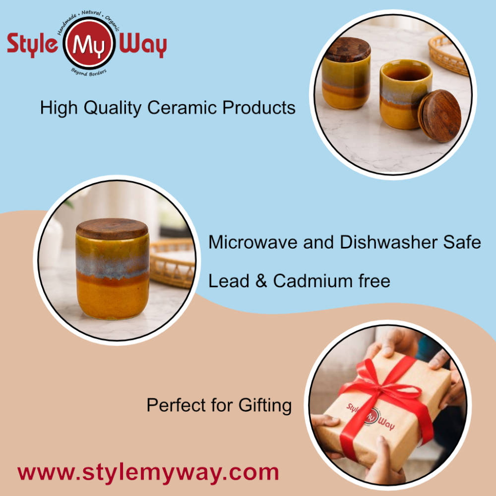 "Amber Earth" Multi Utility Storage Ceramic Airtight Jar with Sheesham Wooden Lid (Set of 2, 150 ml, Mustard Rust & Blue Reactive Glaze ) - View 5