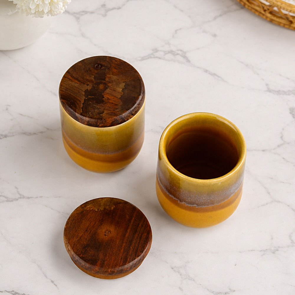 "Amber Earth" Multi Utility Storage Ceramic Airtight Jar with Sheesham Wooden Lid (Set of 2, 150 ml, Mustard Rust & Blue Reactive Glaze ) - View 6
