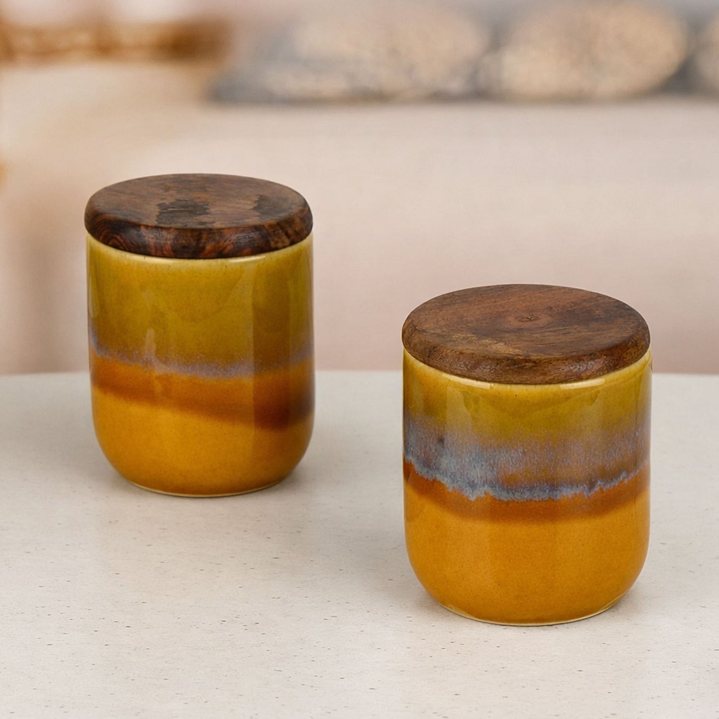 "Amber Earth" Multi Utility Storage Ceramic Airtight Jar with Sheesham Wooden Lid (Set of 2, 150 ml, Mustard Rust & Blue Reactive Glaze ) - View 7