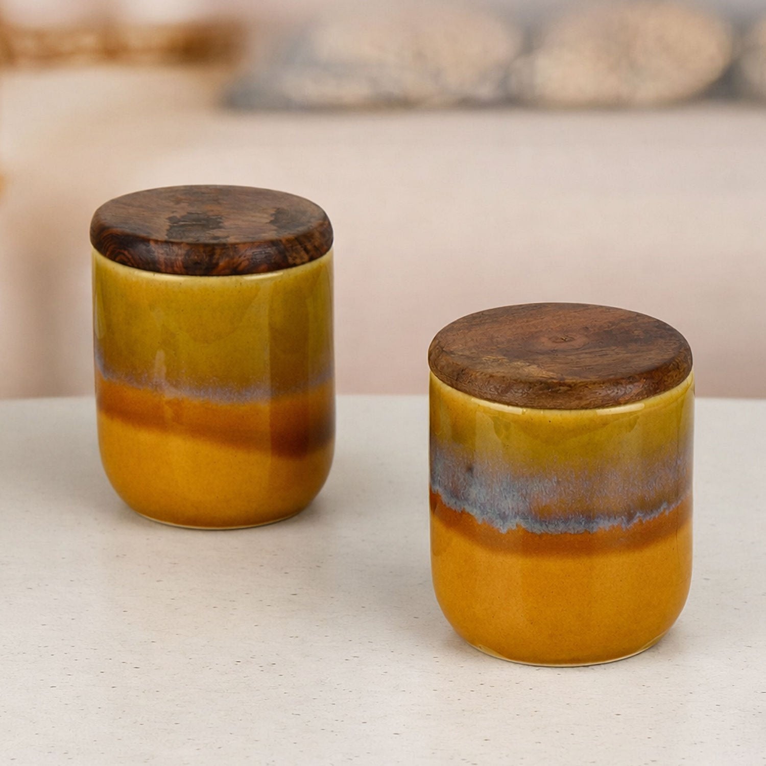 "Amber Earth" Multi Utility Storage Ceramic Airtight Jar with Sheesham Wooden Lid (Set of 2, 150 ml, Mustard Rust & Blue Reactive Glaze ) - View 7