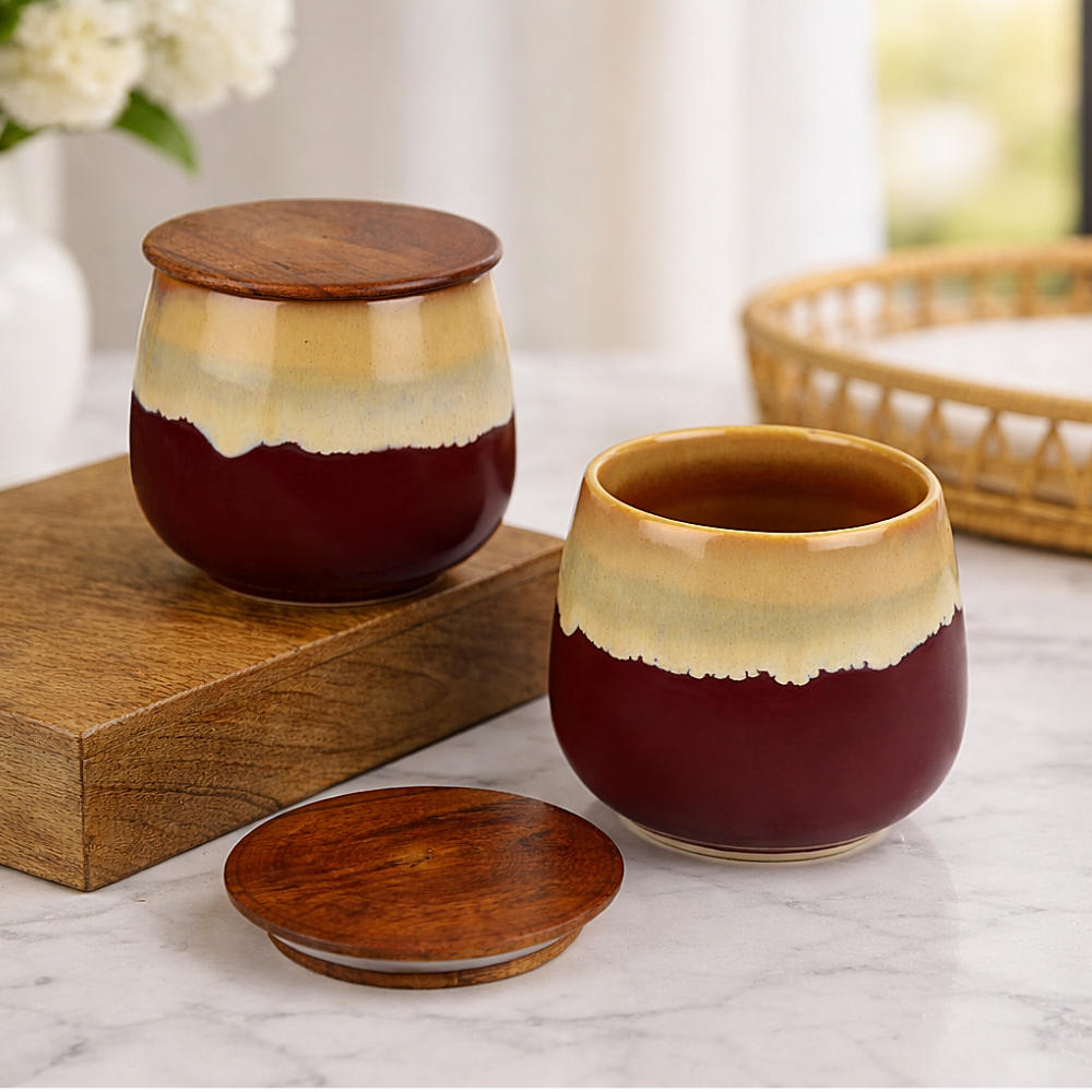 "Autumn Flame" Multi Utility Storage Ceramic Airtight Jar with Sheesham Wooden Lid (Set of 2, 300 ml, Wine with Cream Drip Reactive Glaze)