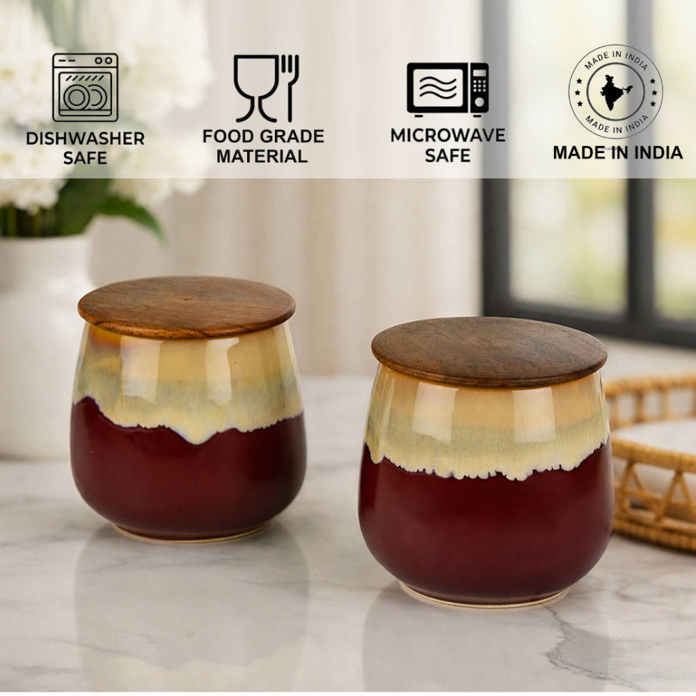 "Autumn Flame" Multi Utility Storage Ceramic Airtight Jar with Sheesham Wooden Lid (Set of 2, 300 ml, Wine with Cream Drip Reactive Glaze) - View 3
