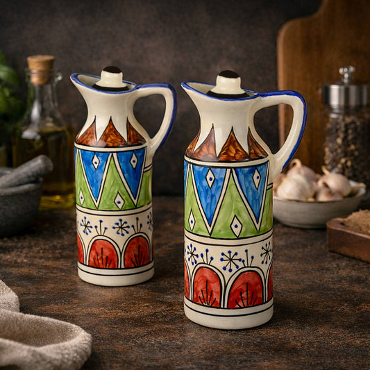 'Heritage Pour' Hand-Painted Ceramic Oil Bottle Set (380 ml, Set of 2)