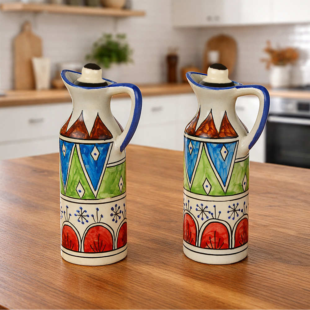 'Heritage Pour' Hand-Painted Ceramic Oil Bottle Set (380 ml, Set of 2) - View 4