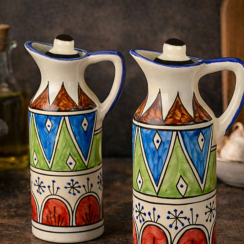 'Heritage Pour' Hand-Painted Ceramic Oil Bottle Set (380 ml, Set of 2) - View 5