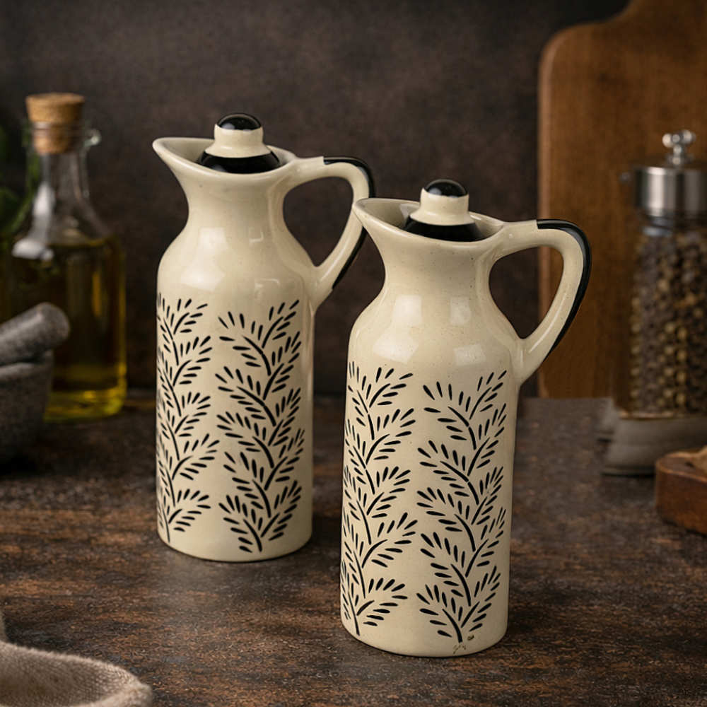 Monochrome Elegance' Hand-Painted Ceramic Oil Bottle Set (380 ml, Set of 2)