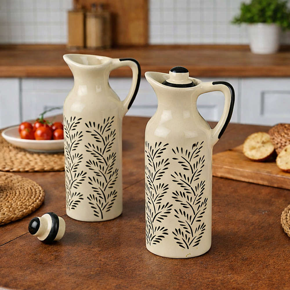 Monochrome Elegance' Hand-Painted Ceramic Oil Bottle Set (380 ml, Set of 2) - View 5