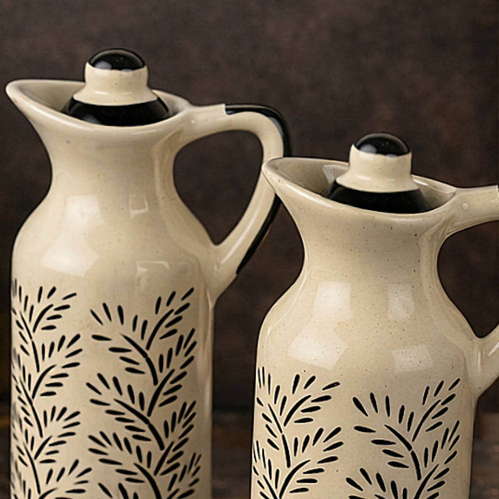 Monochrome Elegance' Hand-Painted Ceramic Oil Bottle Set (380 ml, Set of 2) - View 6