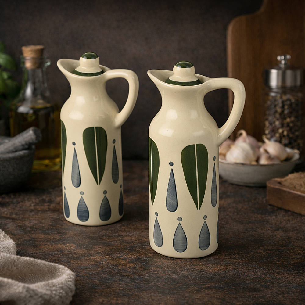 'Classic Charm' Hand-Painted Leaf Ceramic Oil Bottle Set (380 ml, Set of 2)