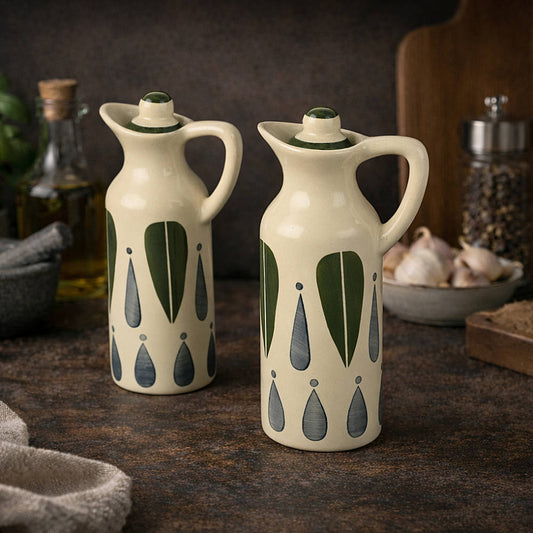 'Classic Charm' Hand-Painted Leaf Ceramic Oil Bottle Set (380 ml, Set of 2)