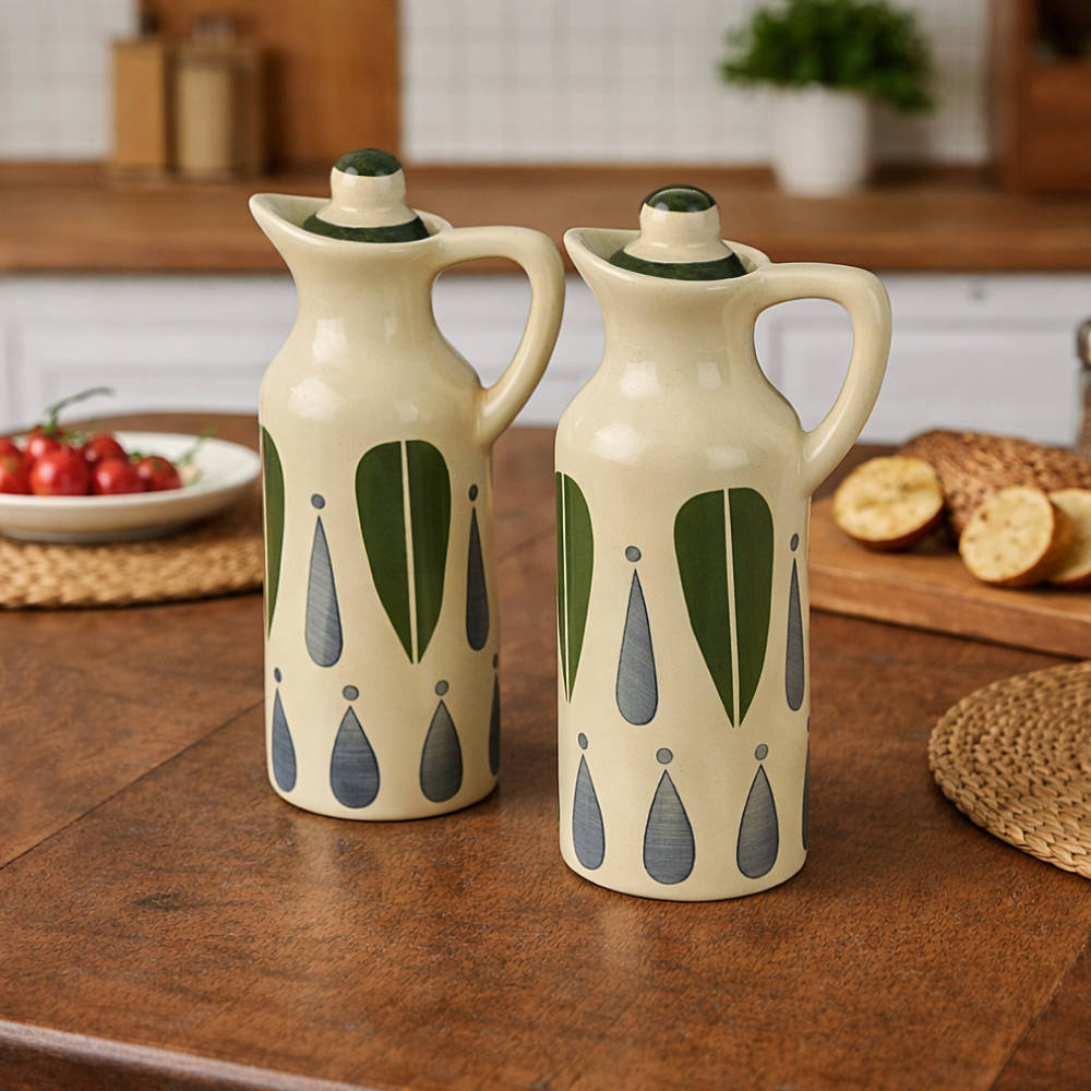 'Classic Charm' Hand-Painted Leaf Ceramic Oil Bottle Set (380 ml, Set of 2) - View 3