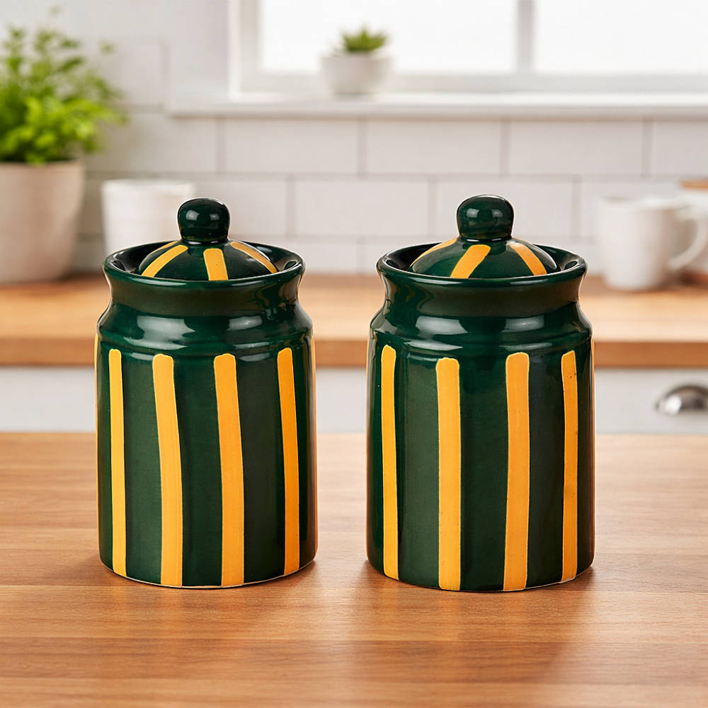 Ceramic Jars with Lid (Set of 2, 500 ml each, Green & Mustard Striped)