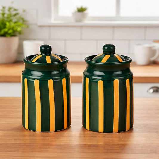 Ceramic Jars with Lid (Set of 2, 500 ml each, Green & Mustard Striped)